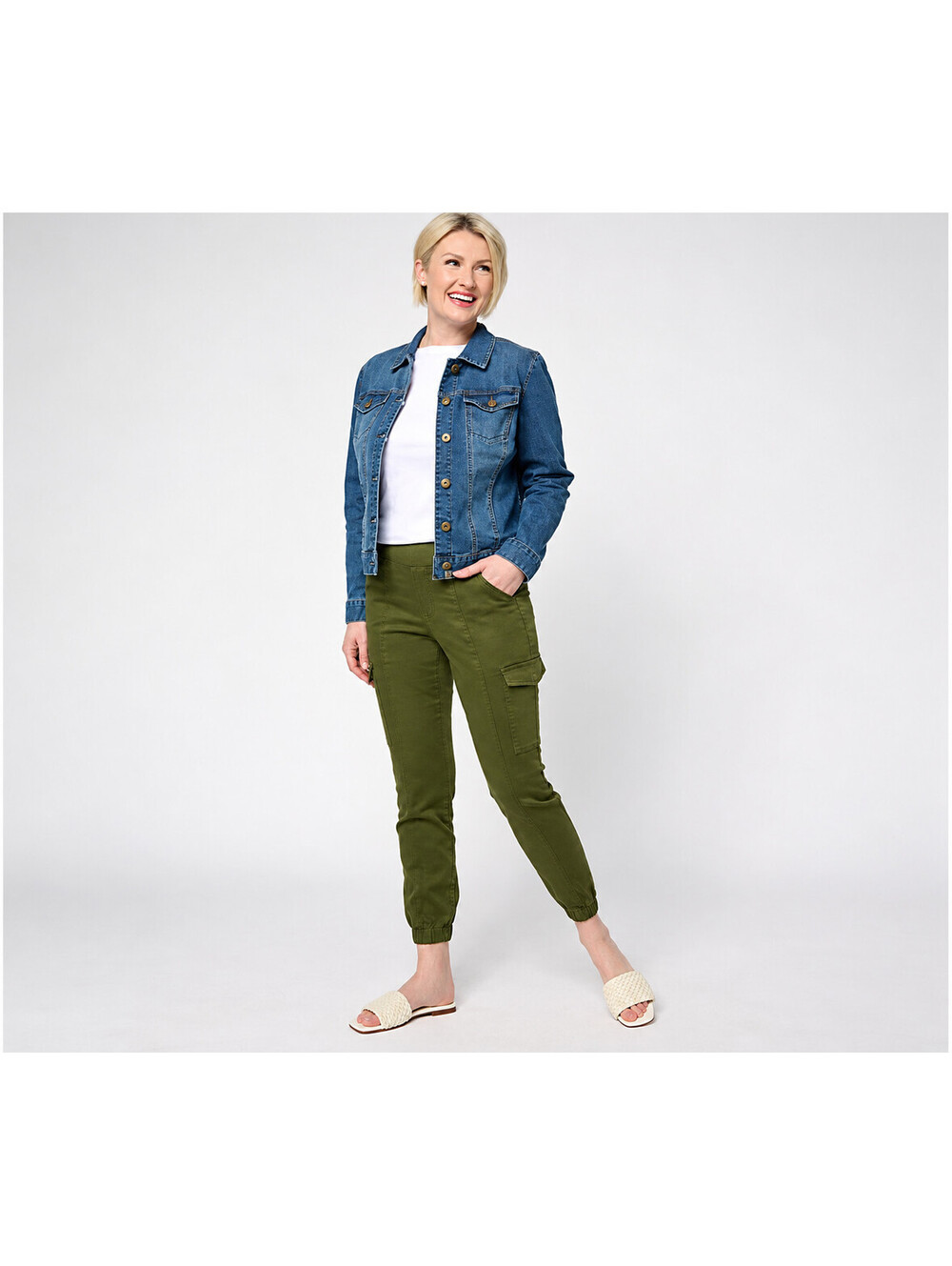 Belle by Kim Gravel TripleLuxe Twill Cargo Ankle Joggers Surplus Green, 32W Tall